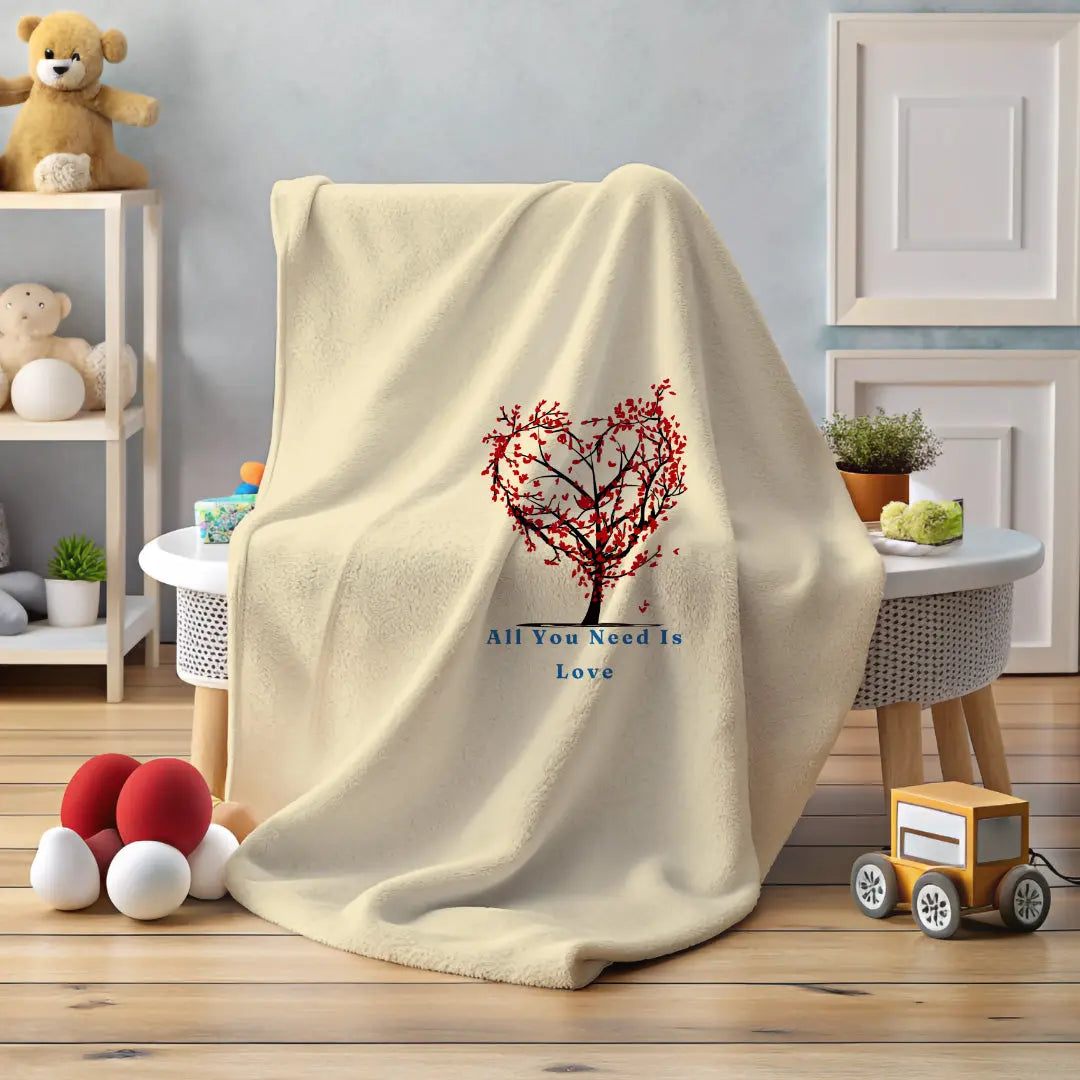 Limited Edition Valentine’s Day blanket in beige with a heart-shaped tree design and red hearts. “All You Need Is Love” text by Reach Love Connect Boutique