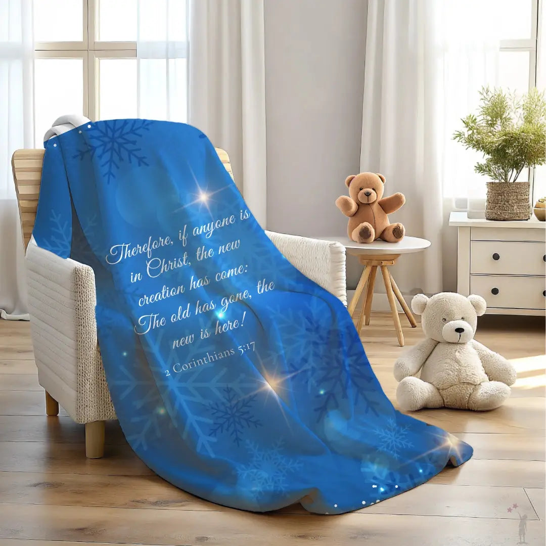 Inspirational blue New Year’s blanket featuring stars, snowflakes, and Bible verse. Limited Edition from Reach Love Connect Boutique