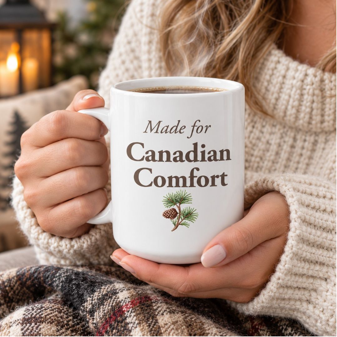 White Made for Canadian Comfort Mug with coffe and cozy blanket