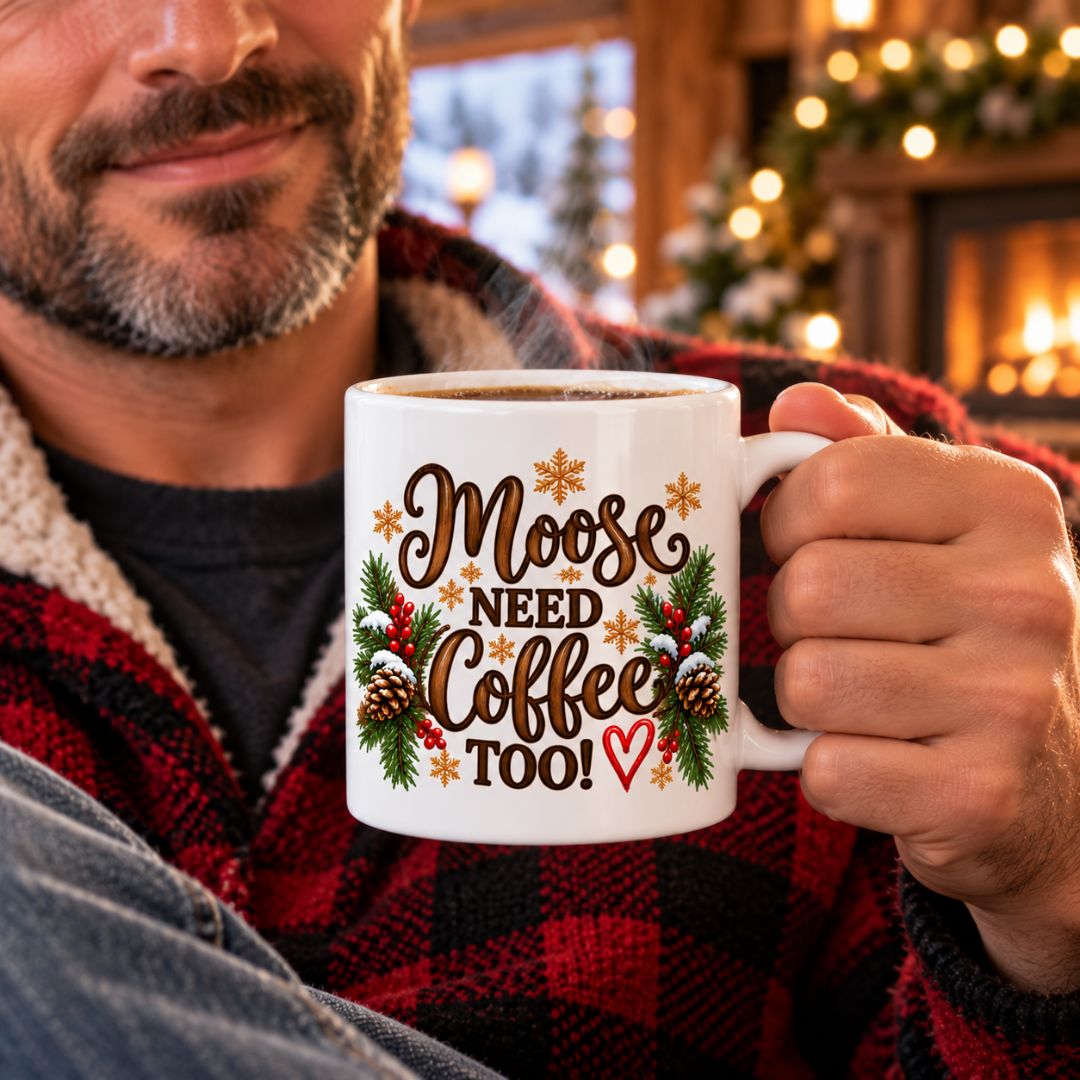 Man holding Moos themed Christmas mug