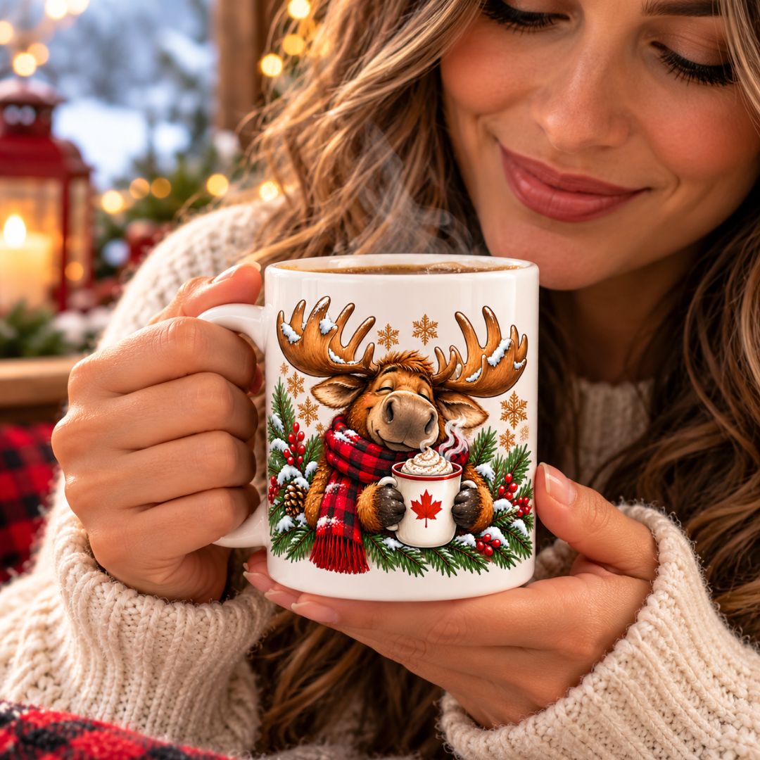 Woman holding Moose themed Christmas Mug