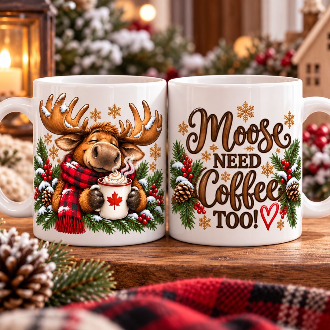 Front and Back view of Moose Themed Canadian Christmas Mug