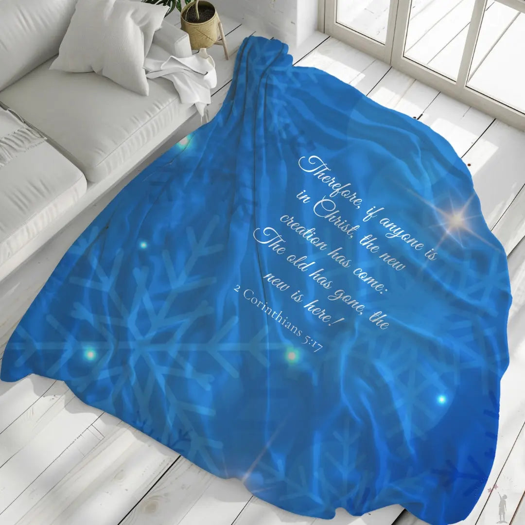 Cozy New Creation blanket with winter snowflake design, scripture 2 Corinthians 5:17 by Reach Love Connect Boutique
