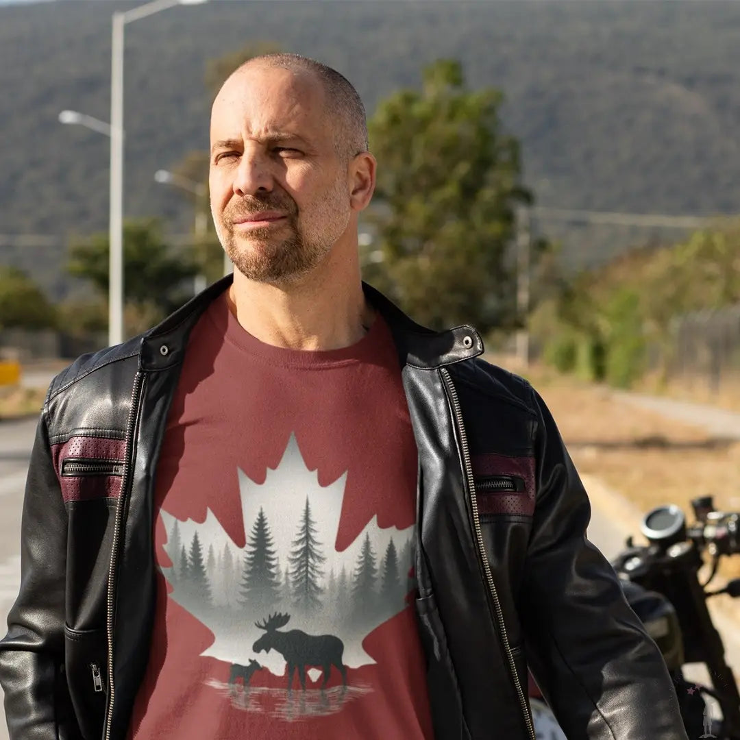 Man wearing a red t-shirt with a moose and forest design, standing outdoors.