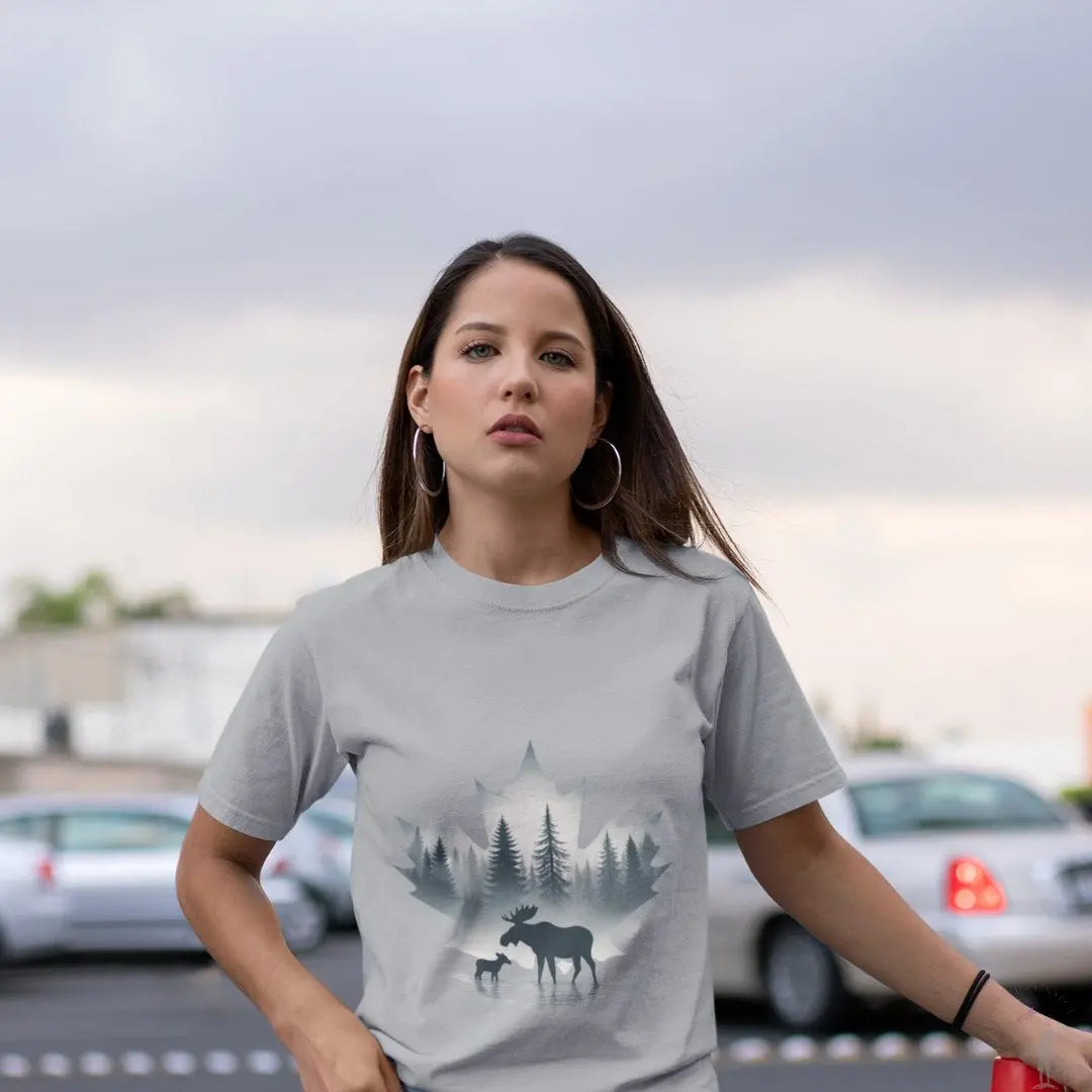 Woman wearing a t-shirt with a nature design in an outdoor setting