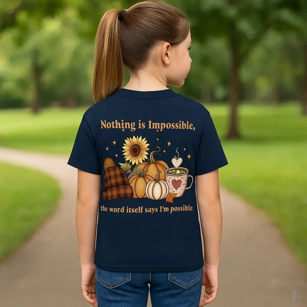 Youth girl wearing navy tshirt with Nothing is Impossible T-shirt