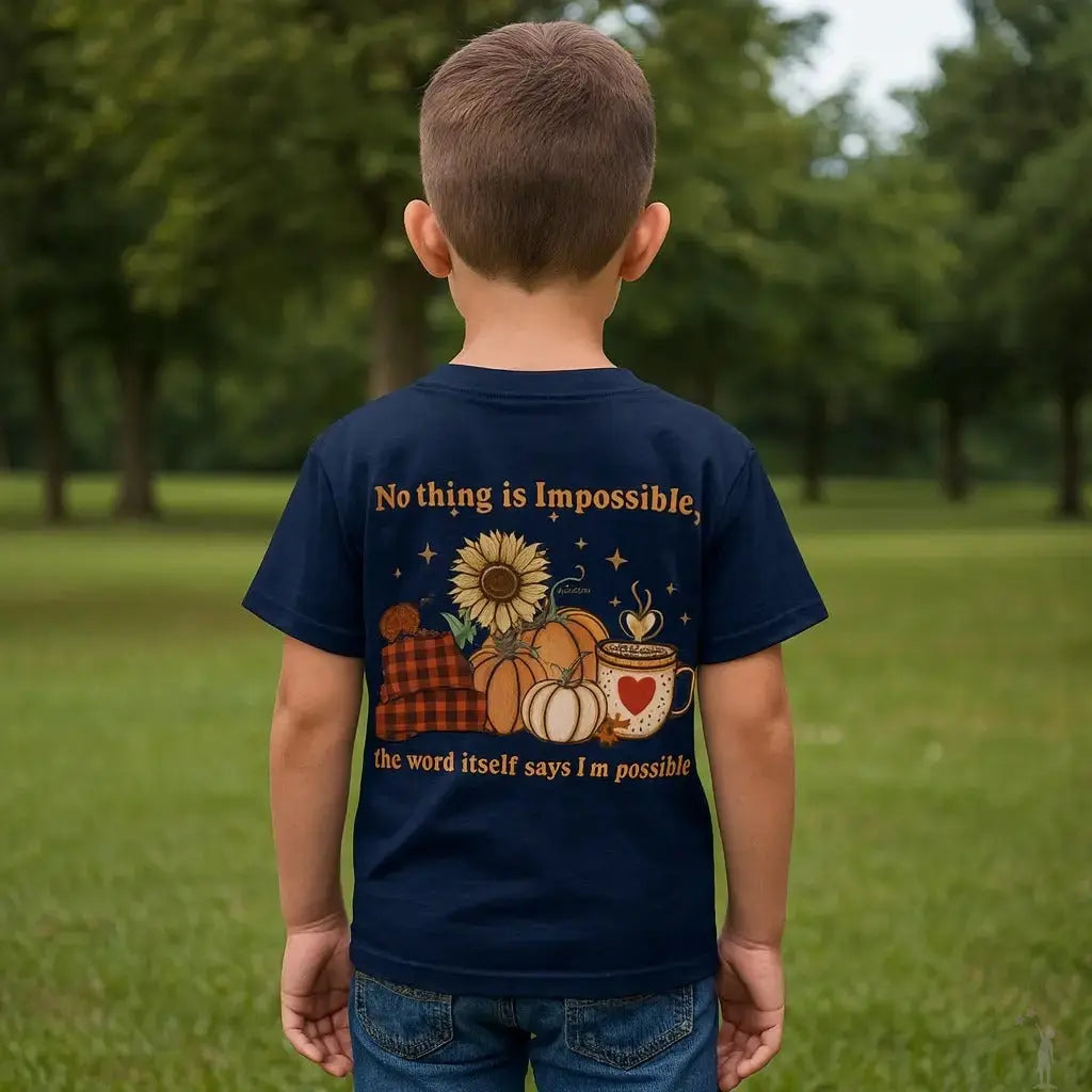 Small child wearing navy T shirt with saying Nothing is Impossible - standing in park