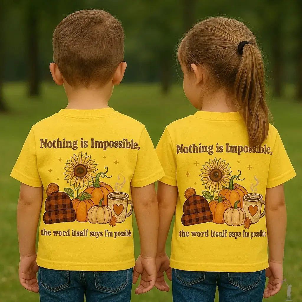 Two children wearing yellow t-shirts with a pumpkin and sunflower design and text. Nothing is Impossible