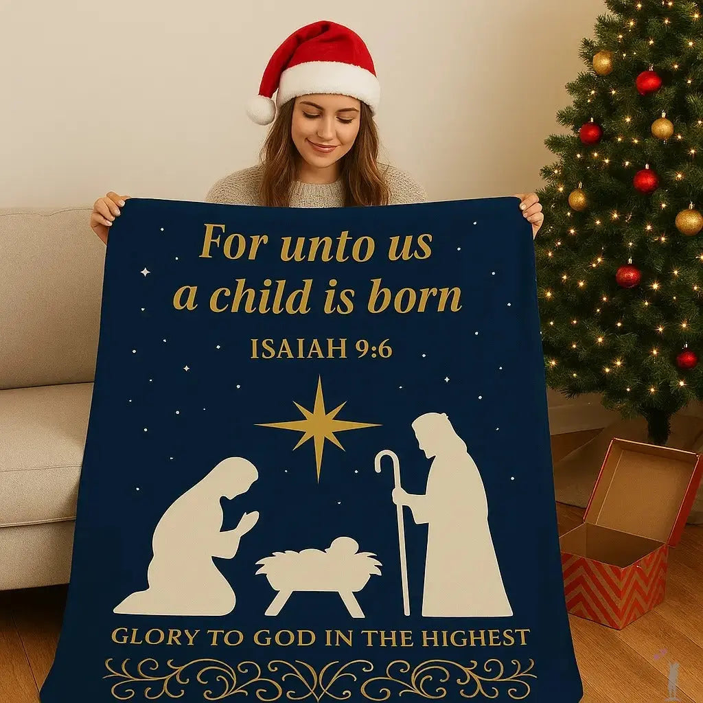 Person holding a Christmas-themed blanket with nativity scene and Bible verse in front of a decorated tree.