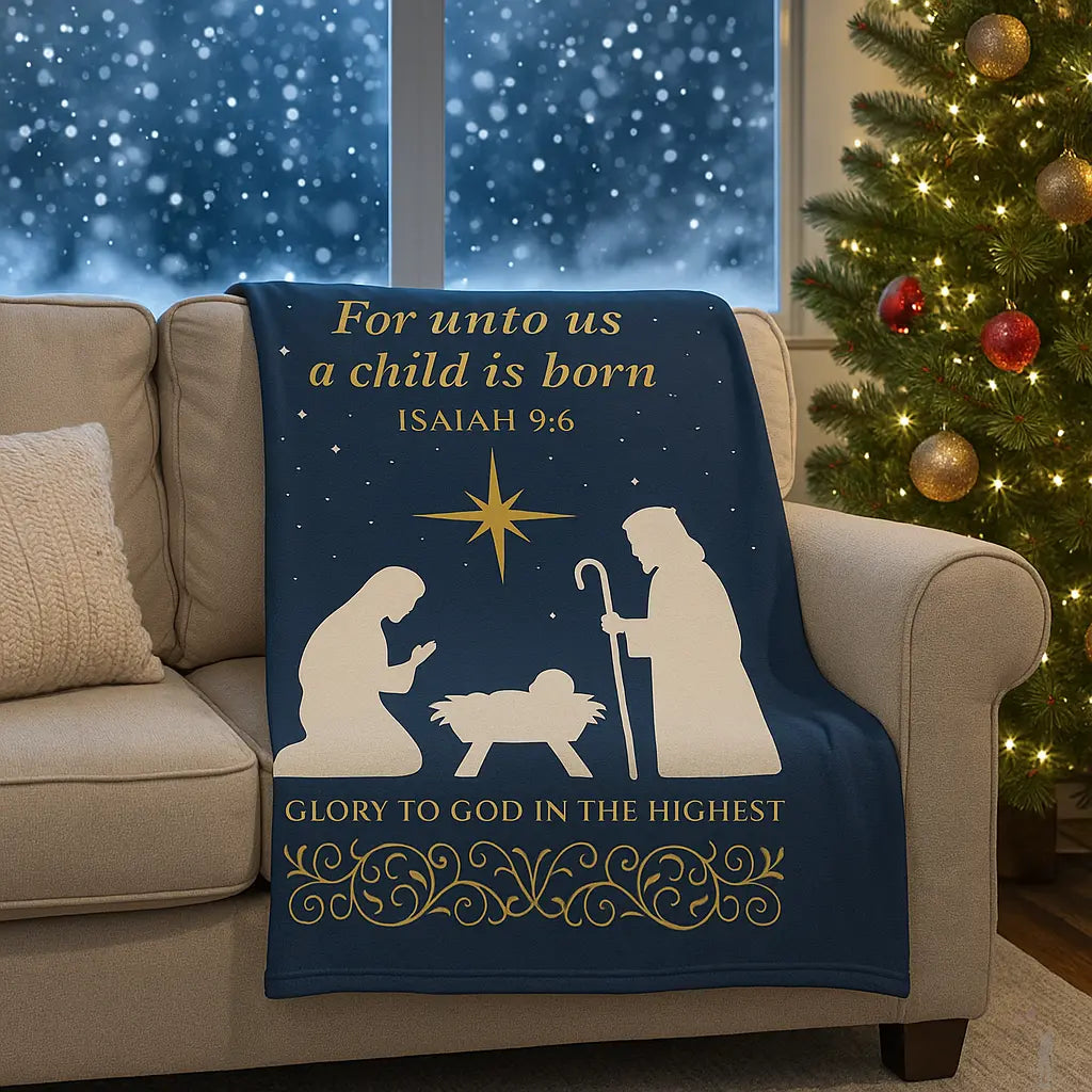 Navy blue blanket with Christmas nativity scene and text on a beige couch with a decorated tree in the background.