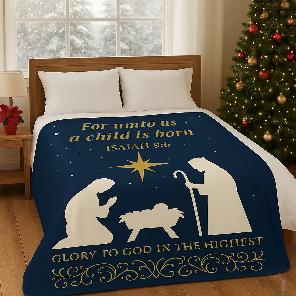 Nativity scene blanket with Christmas tree and window in the background