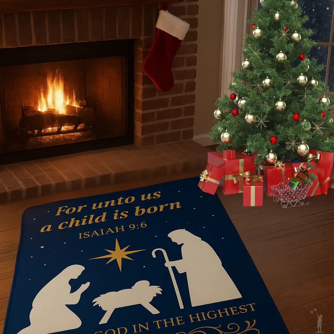 Nativity scene rug with Christmas tree and fireplace in the background