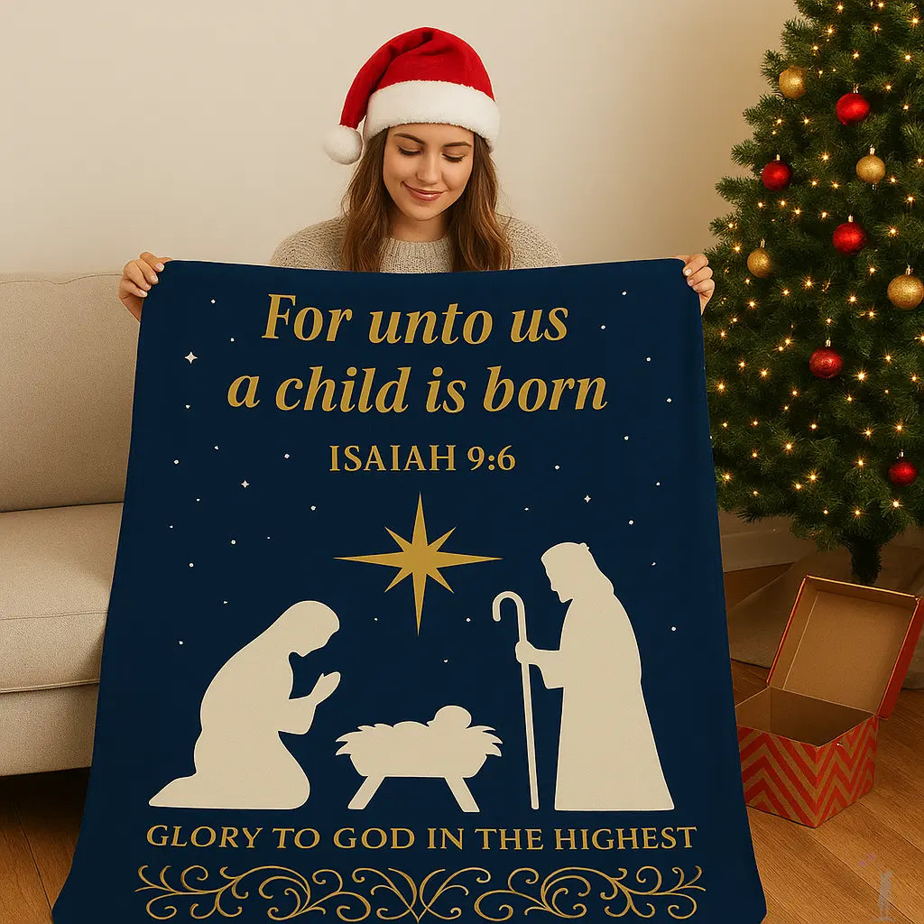 Person holding a Christmas-themed blanket with nativity scene and Bible verse in front of a decorated tree.