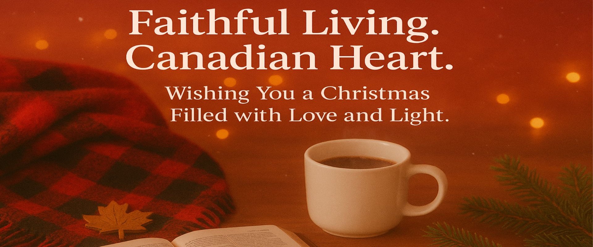 Christmas-themed image with a mug of coffee, plaid blanket, and text about a Canadian heart.