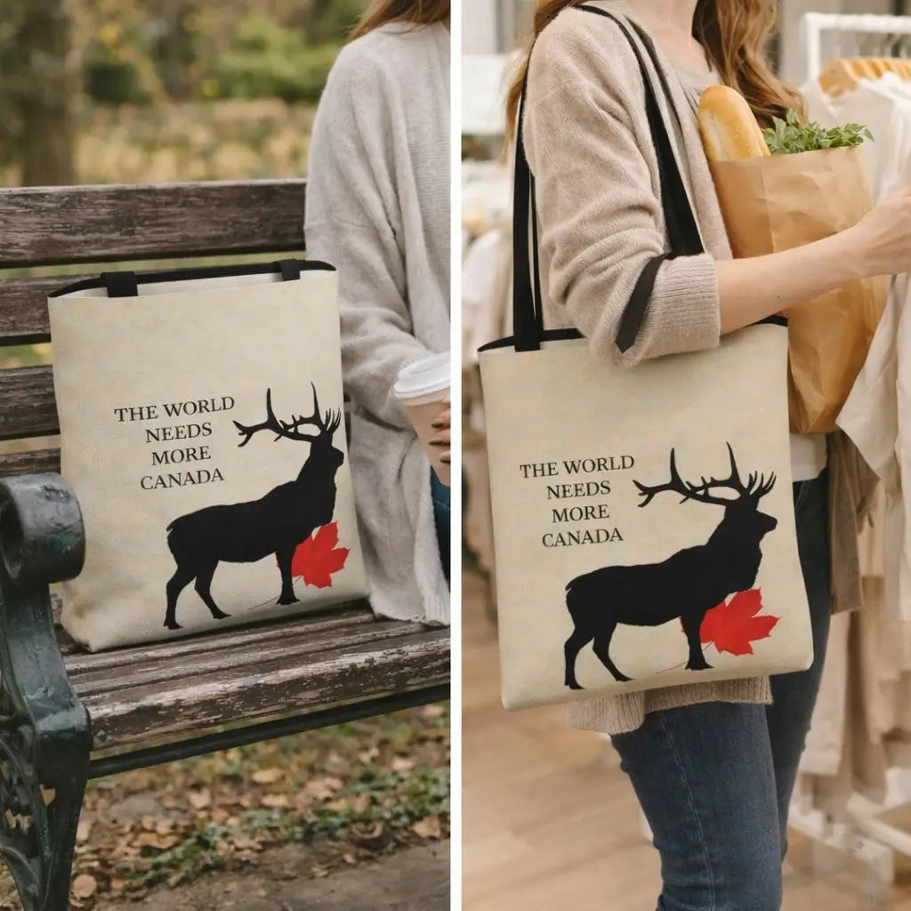 Tote bag with deer design and text 'The World Needs More Canada' held by a person outdoors.