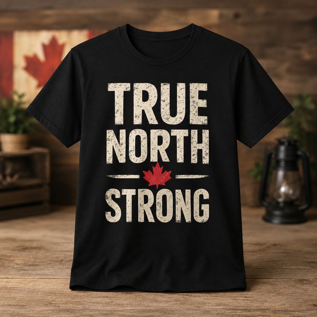 Black t-shirt with 'True North Strong' text and red maple leaf on a wooden surface.