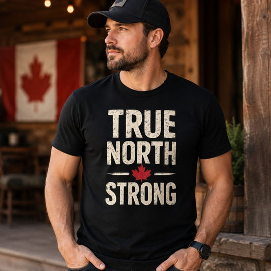 Man wearing a black t-shirt with 'True North Strong' text and a maple leaf graphic, standing in a rustic setting.