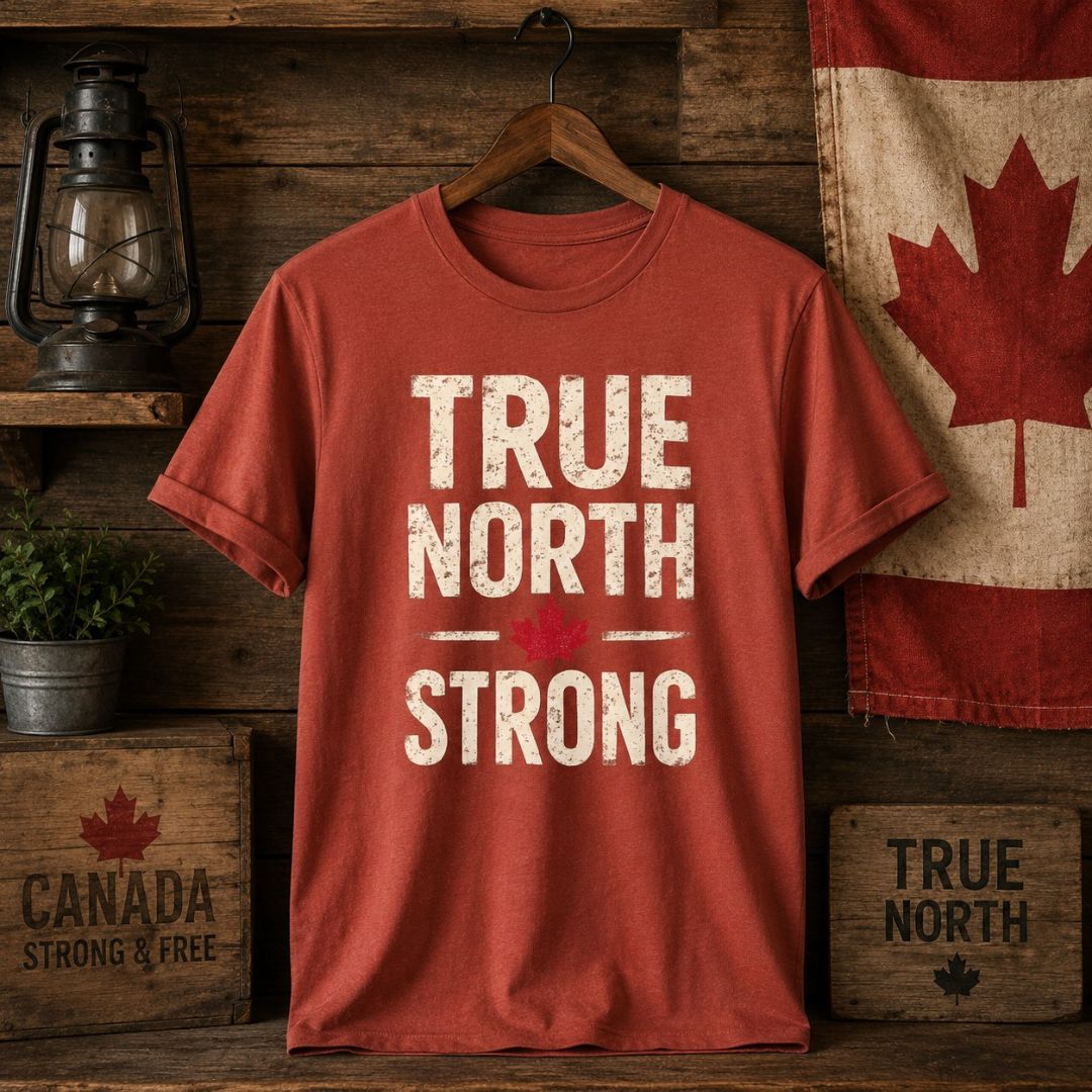 Coral t-shirt with 'True North Strong' text on a wooden background with Canadian flag and 'Canada Strong & Free' sign.