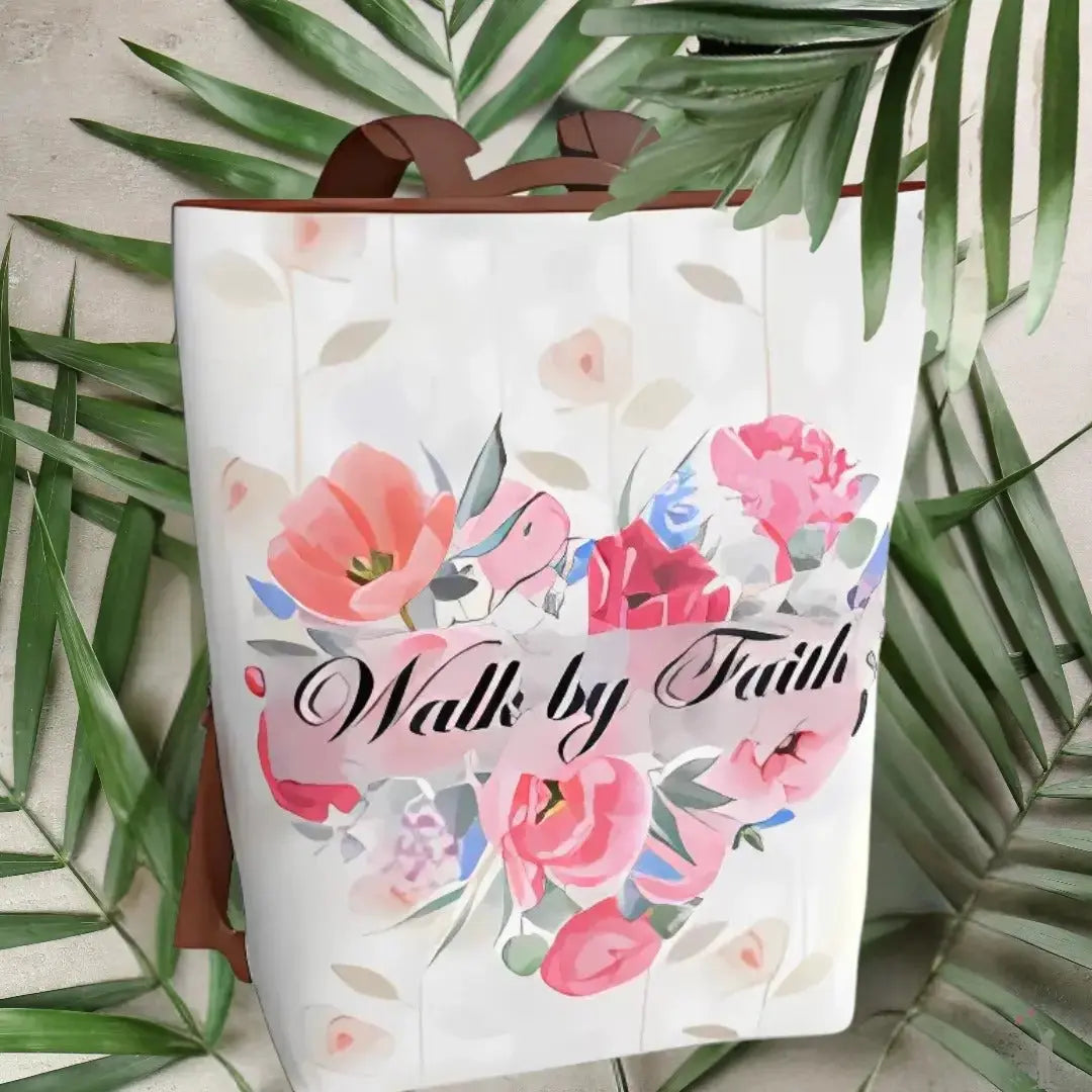 Elegant faith-inspired backpack in vegan leather featuring “Walk by Faith” lettering, plenty of storage, and sustainable design