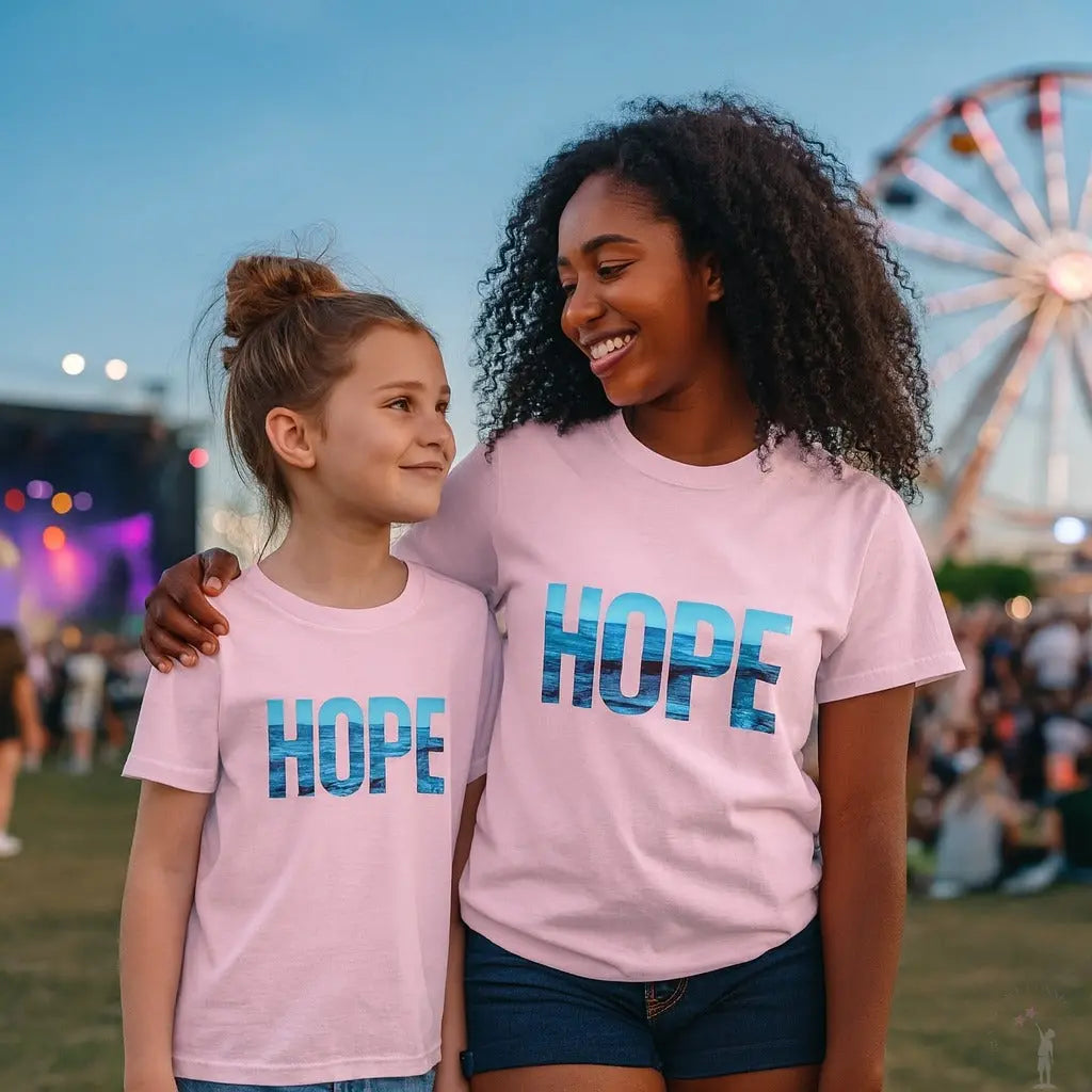 Two people wearing pink 'HOPE' t-shirts at a fair with a ferris wheel in the background.