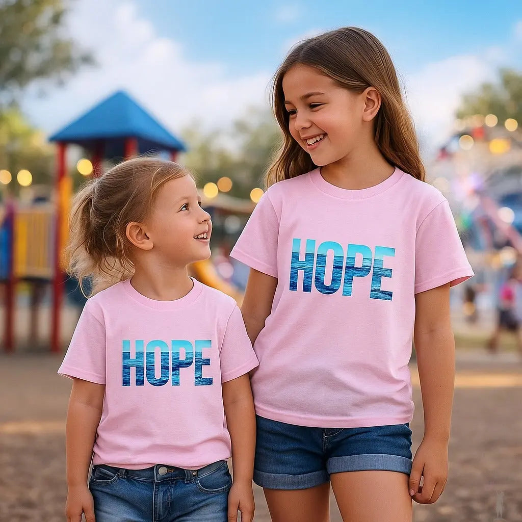Two small girls wearing pink 'HOPE' t-shirts at a playground.