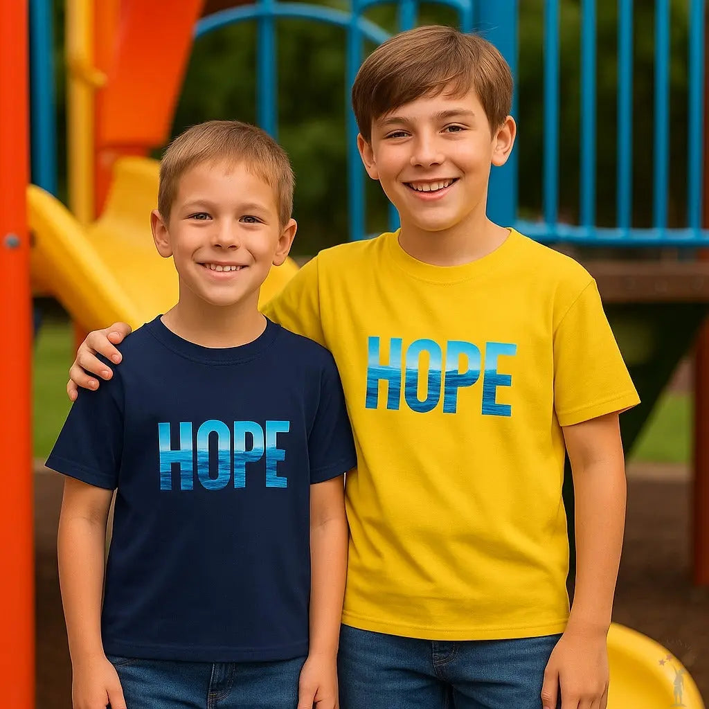 Two boys wearing 'HOPE' t-shirts standing in front of a playground.