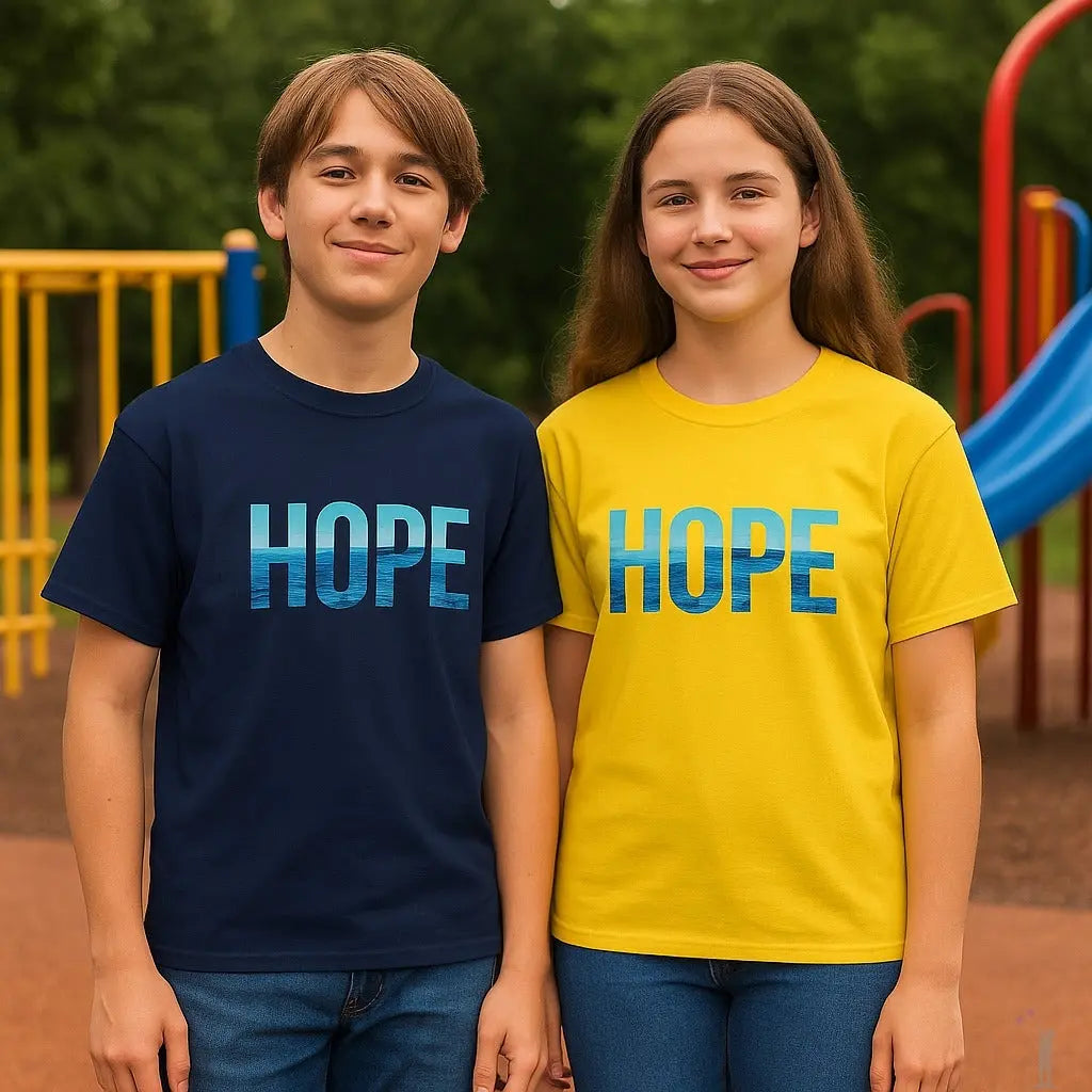Two teens wearing 'HOPE' t-shirts standing in front of a playground.
