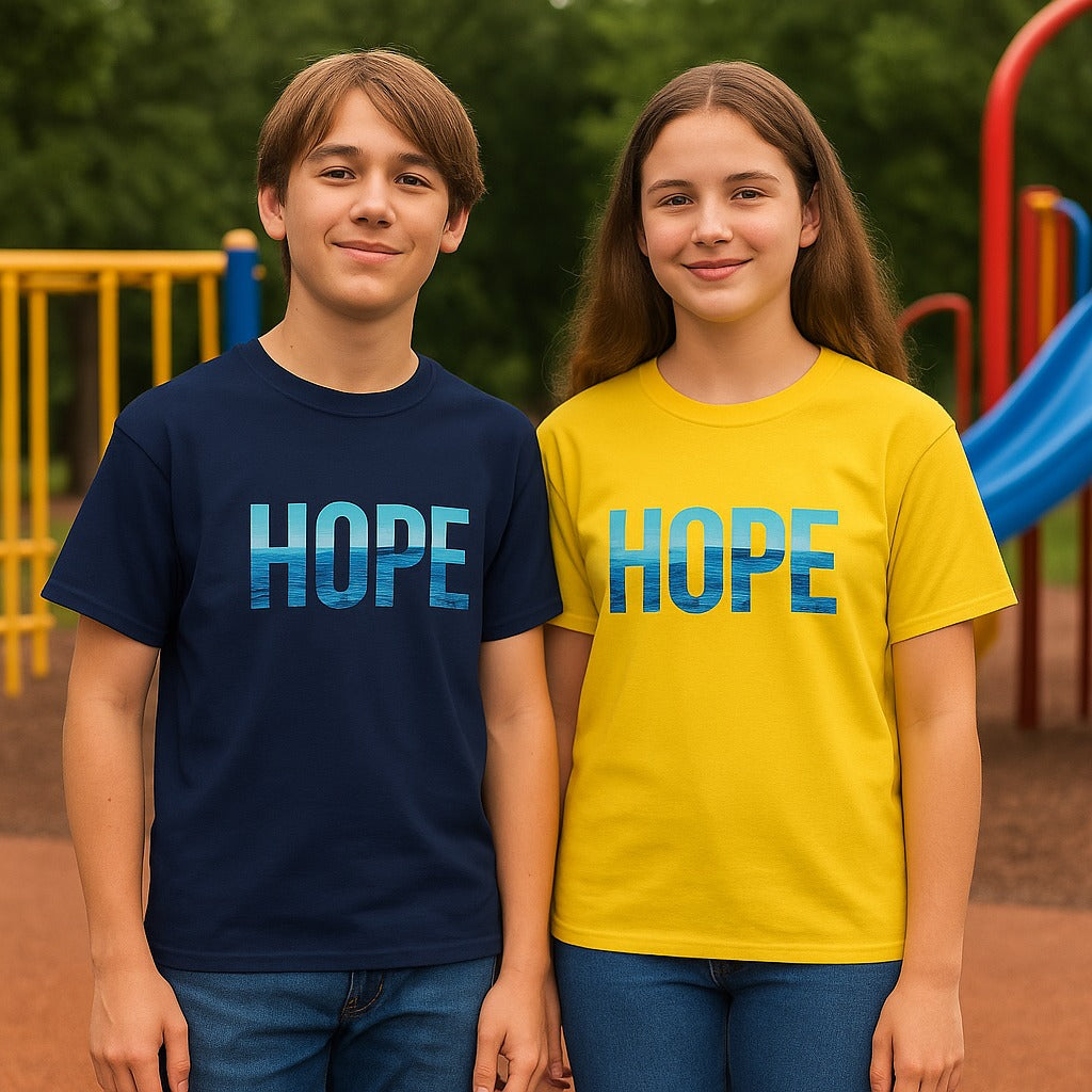 Youths wearing blue and yellow Hope T shirts