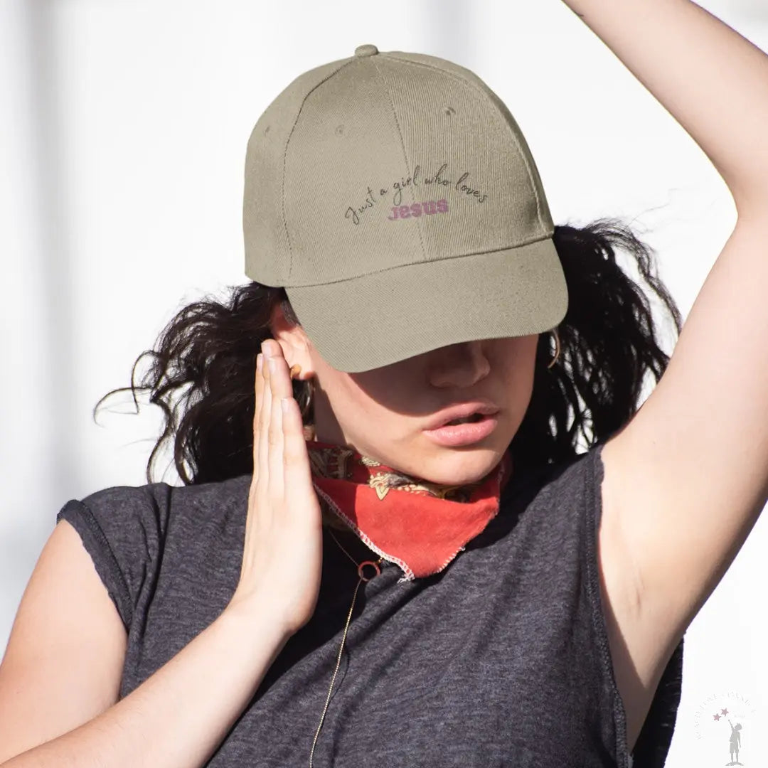 Khaki Everyday women’s baseball cap with “Just a Girl Who Loves Jesus” faith message