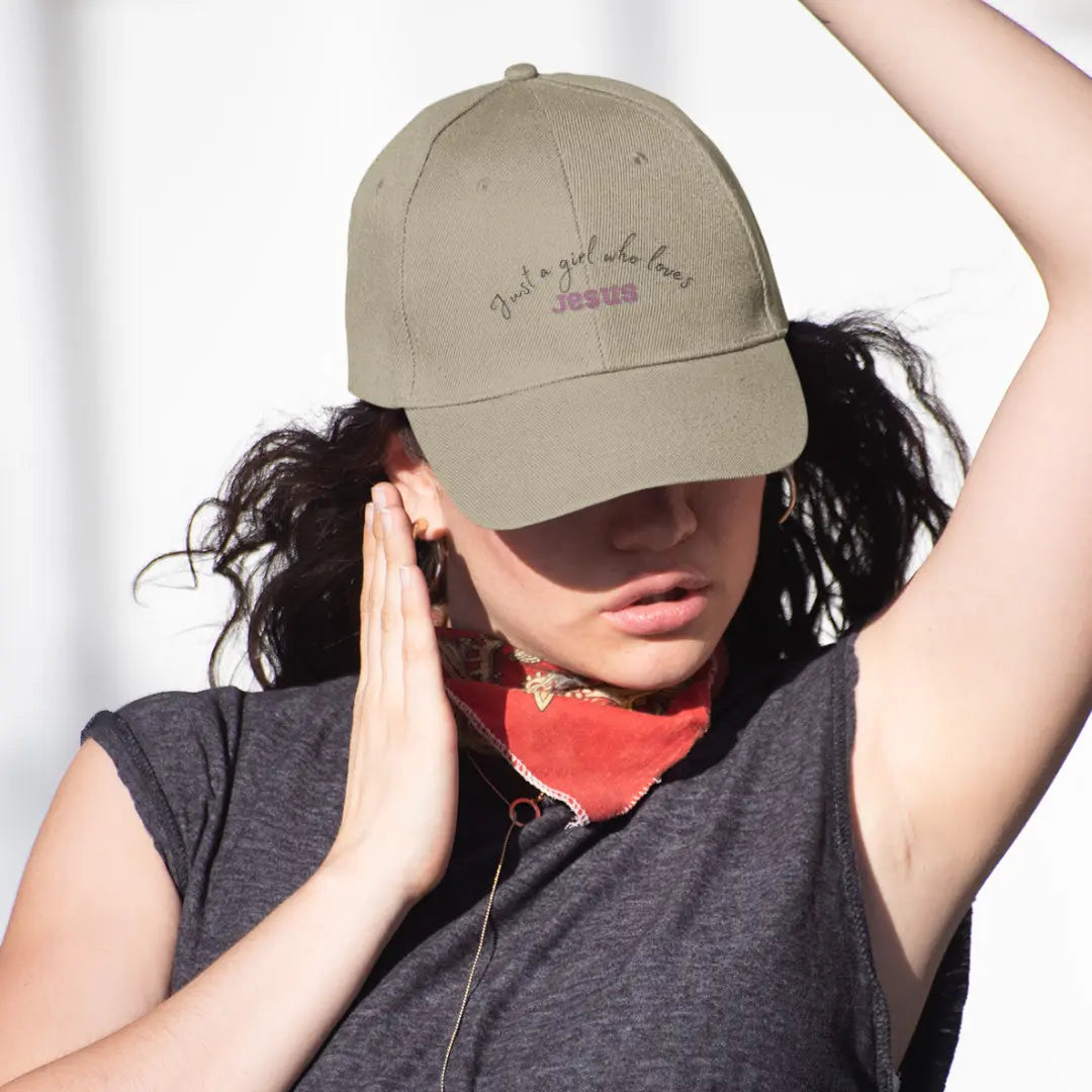 Khaki Everyday women’s baseball cap with “Just a Girl Who Loves Jesus” faith message