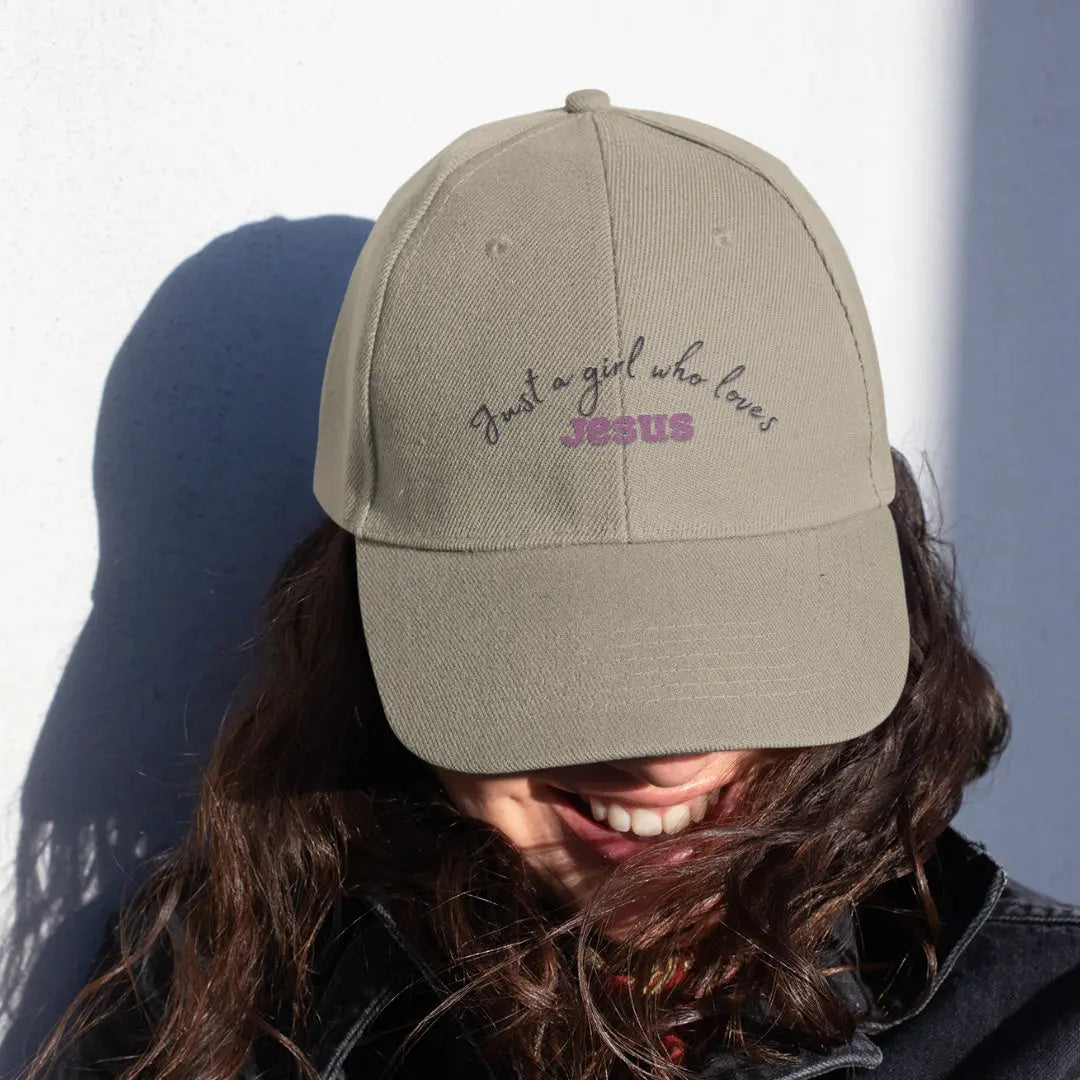 Women’s baseball cap with “Just a Girl Who Loves Jesus” faith message khaki