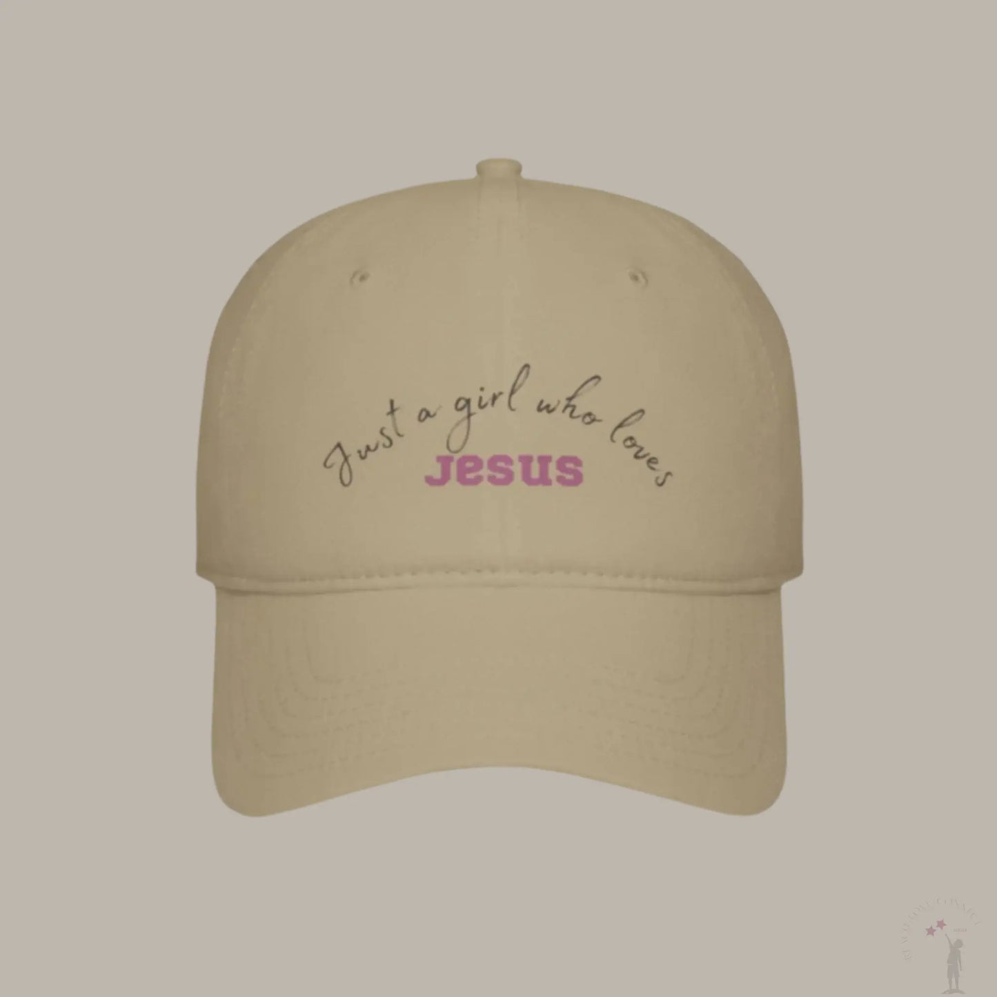 Everyday women’s baseball cap with “Just a Girl Who Loves Jesus” faith message,front view