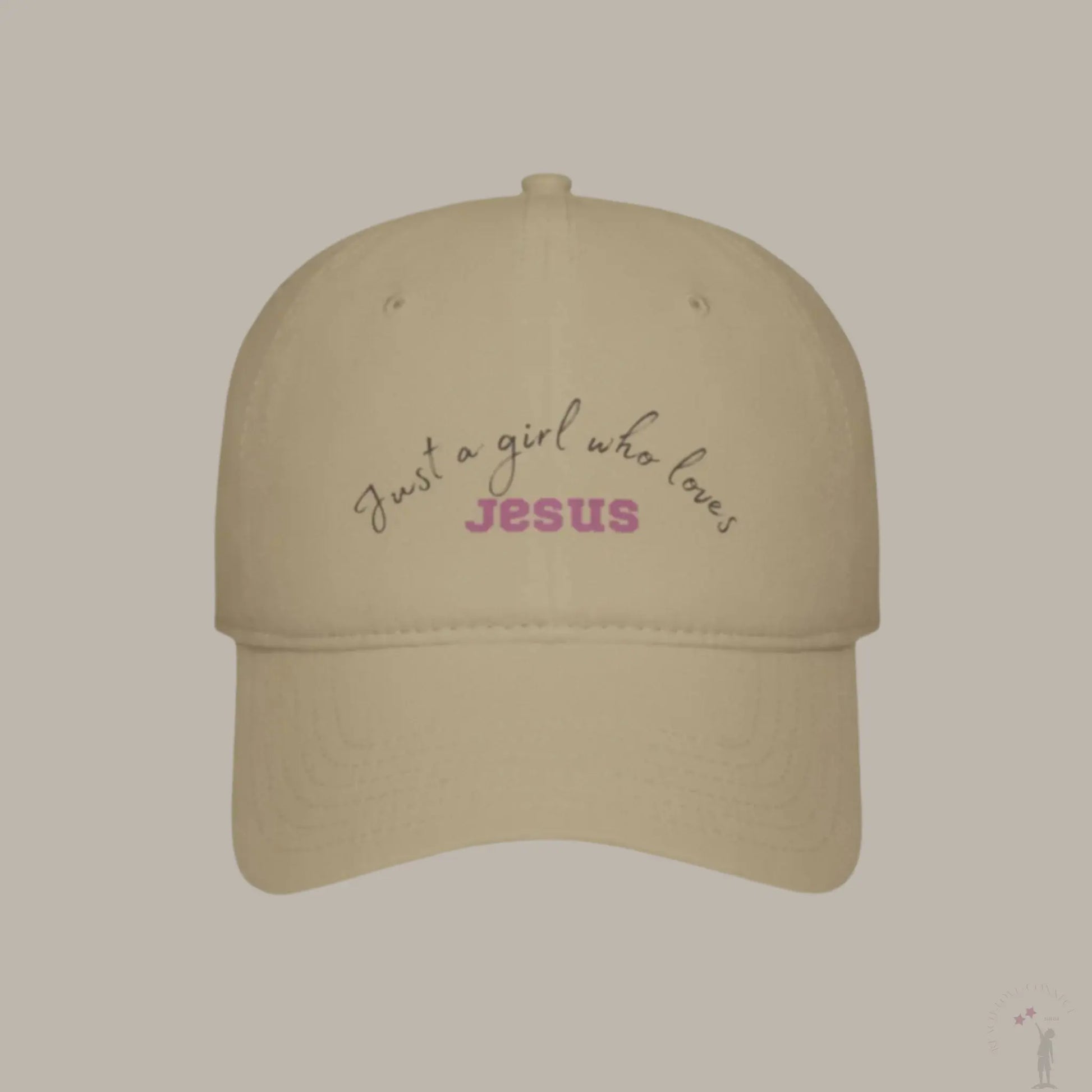 Everyday women’s baseball cap with “Just a Girl Who Loves Jesus” faith message,front view