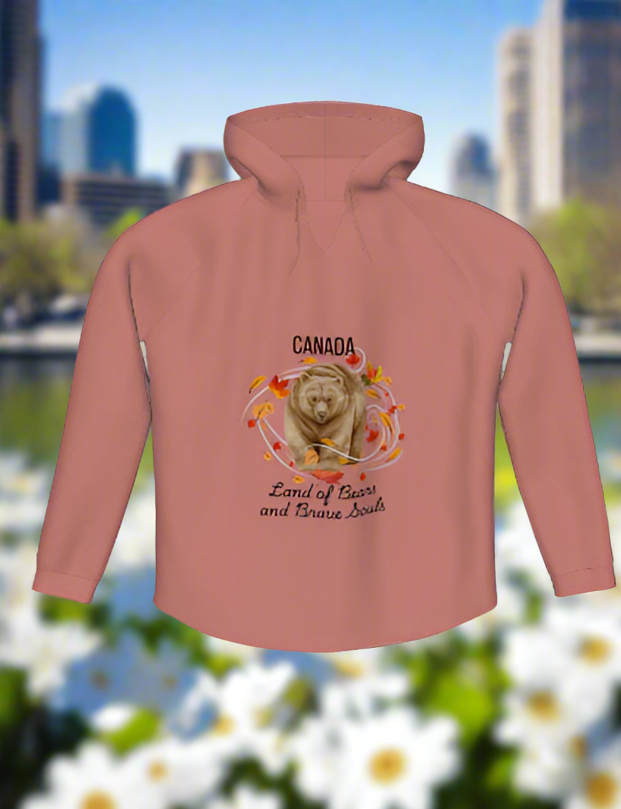 Woman wearing luxury Canadian Bears and Brave Souls Hoodie in a cozy setting