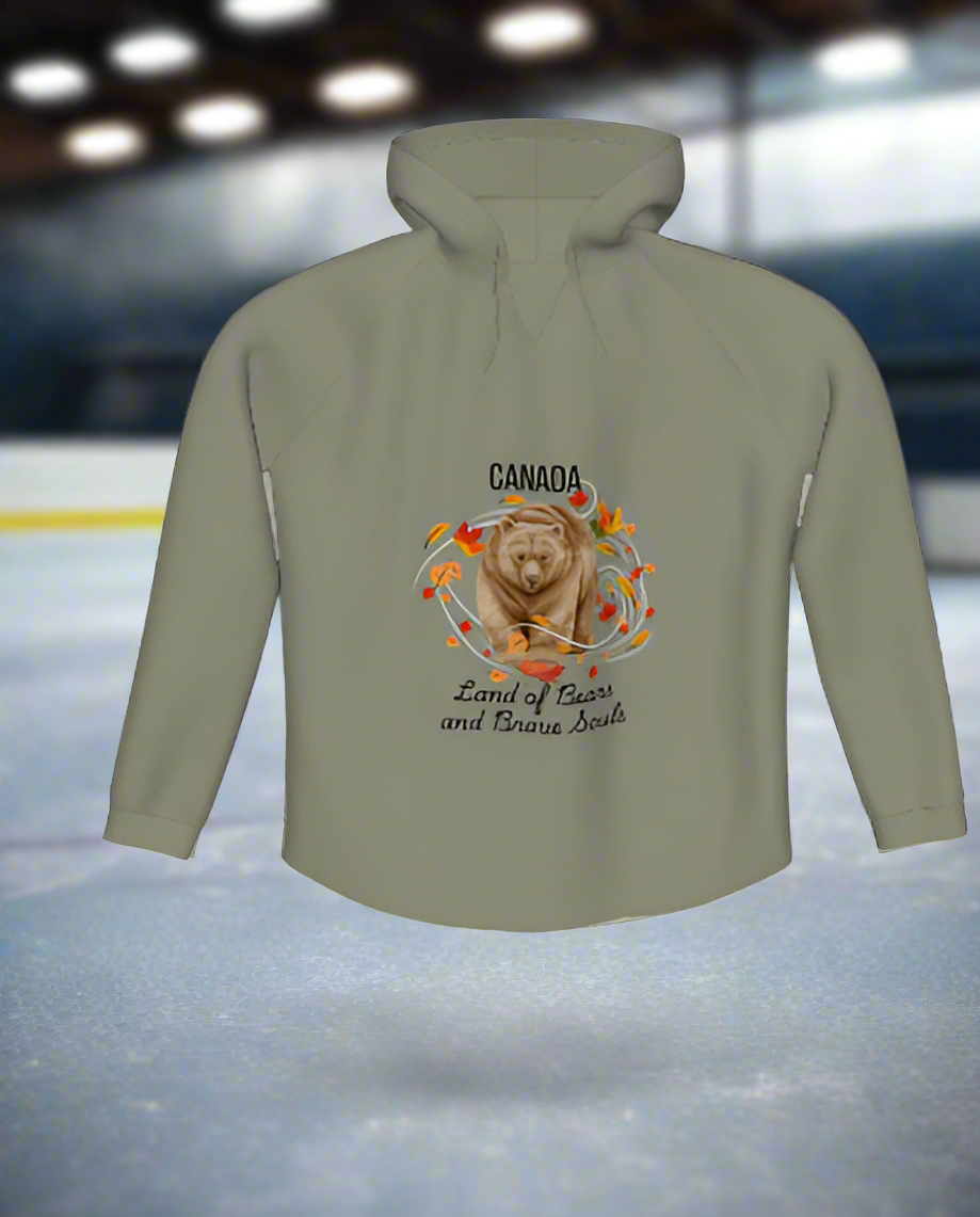 Woman wearing luxury Canadian Bears and Brave Souls Hoodie in a cozy setting