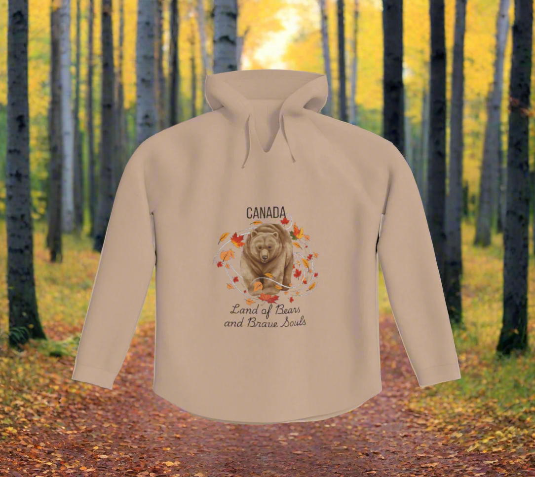 Woman wearing luxury Canadian Bears and Brave Souls Hoodie in a cozy setting